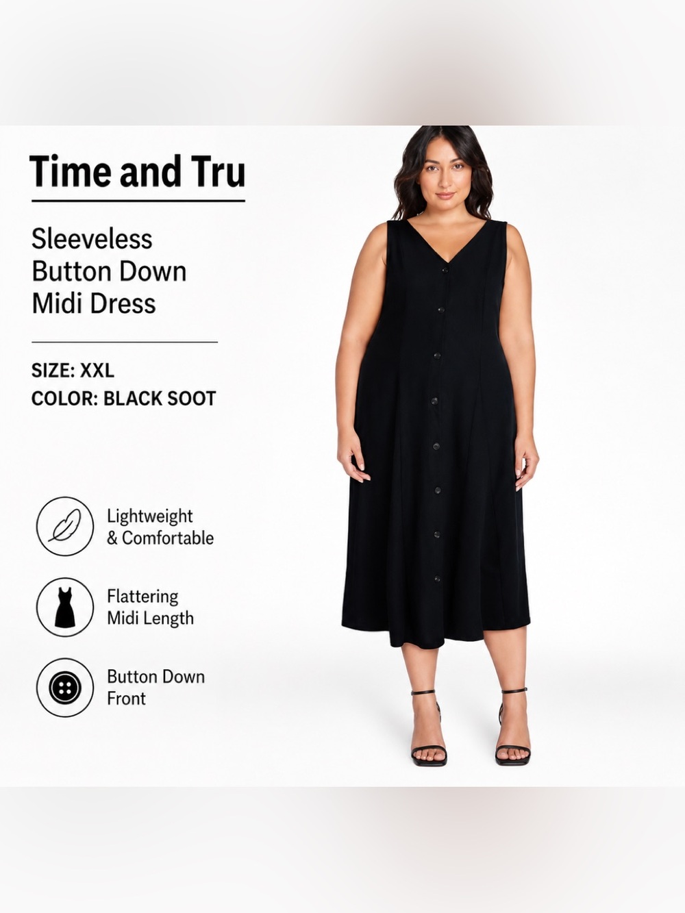 NWT Time and Tru Black Sleeveless Button-Front Midi Dress